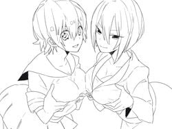 2girls benten_(uchouten_kazoku) big_breasts bob_cut breast_grab breast_hold canon_genderswap chappa cleavage female genderswap_(mtf) grabbing_own_breast leaning_forward line_art looking_at_viewer monochrome official_alternate_costume rule_63 school_uniform serafuku shimogamo_yasaburo short_hair sketch smile suit uchouten_kazoku