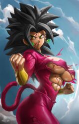 1girls breasts covered_nipples dragon_ball dragon_ball_gt dragon_ball_super elitenappa female female_only fur huge_breasts kefla solo super_saiyan_4 tail