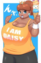 armband bbw big_breasts big_girl black_pants black_shorts blue_background blue_eyes blushing_at_viewer braffy brown_hair catchphrase crown cute dark-skinned_female english_text fat female female_only fully_clothed huge_breasts ice_cream japanese_text larger_female mario_(series) orange_shirt orange_tank_top overweight pac-man_eyes playful princess princess_daisy shorts simple_background sticking_out_tongue summer tank_top thumbs_up tongue tongue_out voluptuous white_armband