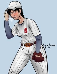 1girls asian baseball baseball_cap baseball_glove baseball_uniform belt black_hair candid female female_focus female_only fully_clothed hat hibana_(rainbow_six) jockstrap pants rainbow_six rainbow_six_siege sports_uniform sportswear sweating sweating_profusely topotown