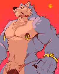 2021 4:5 anthro canid canine canis digital_drawing_(artwork) digital_media_(artwork) flaccid fluffy fur genitals koorivlf male mammal moon muscular muscular_anthro navel night nipple_piercing nipples nude outside pecs penis penis_base piercing red_eyes signature sky solo tuft wolf yellow_sclera