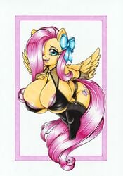 absurd_res anthro anthrofied areola areola_slip big_breasts breasts cleavage clothed clothing equid equine female fluttershy_(mlp) friendship_is_magic garter_belt garter_straps hair_on_head hasbro hi_res huge_breasts legwear longinius mammal my_little_pony nipple_outline pegasus shortstack thigh_highs wings