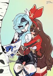 1futa 1girls amber_(genshin_impact) blue_hair breast_grab breasts brown_hair clothed clothing cum cum_on_clothes cum_on_legs detailed_background duo ejaculation eula_(genshin_impact) eyes_visible_through_hair female from_behind fully_clothed futa_on_female futanari gcfmug genshin_impact hair_ribbon hugging_from_behind human intersex larger_female light-skinned_female light-skinned_futa light_skin long_hair mostly_clothed orgasm outdoors outercourse outside pale_skin penis shorts size_difference smaller_futa standing thick_thighs thigh_sex tree