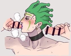 1boy blowjob blush choker cioccolata gay green_eyes green_hair jojo's_bizarre_adventure kissing_penis male_only vento_aureo yaoi