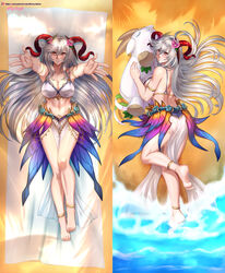 1girls absurdres alternate_costume ass back bare_back beach bikini blush cleavage dakimakura fire_emblem fire_emblem_heroes freyja_(fire_emblem) freyja_(summer)_(fire_emblem) goat grey_hair hocen horns hug incoming_hug large_ass large_breasts looking_at_viewer looking_back nintendo ocean on_back on_towel pelvic_curtain plushie red_eyes red_horns seaside sideboob smile swimsuit towel very_long_hair white_bikini white_swimsuit