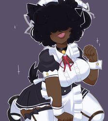 2021 afro big_breasts breasts brown_hair brown_skin clothing cute dark-skinned_female dog_collar dog_ears dog_tail female hair_covering_eyes hair_over_eyes maid maid_apron maid_cap maid_dress maid_headdress maid_uniform original_character pip simple_background sparkle spicyzaz stockings tagme thick_thighs thigh_highs thighs tongue_out