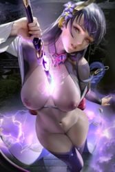 1girls bottomless breasts genshin_impact navel nipples no_bra pubic_hair pussy raiden_shogun sword sword_between_breasts thighhighs uncensored zumi zumi_(zumidraws)