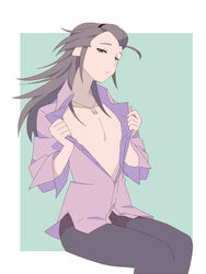 brown_hair dog_tags hairband ikagakawa long_hair long_hair_male looking_at_viewer male male_only open_shirt opening_shirt shimogamo_yajirou sitting solo uchouten_kazoku unbuttoned_shirt undressing