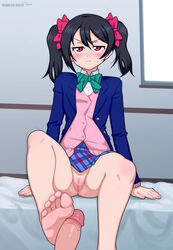 1boy ass barefoot black_hair blazer bow bowtie draw-till-death erection feet female footjob highres jacket looking_at_viewer love_live! love_live!_school_idol_project male_pov no_panties penis pov pussy red_eyes school_uniform sitting straight sweatdrop toes twintails uncensored yazawa_nico