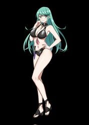 1girls alternate_costume alternate_hairstyle aqua_eyes aqua_hair bikini black_background black_bikini black_footwear black_swimsuit blush breasts byleth_(fire_emblem)_(female)_(cosplay) cleavage commentary_request cosplay crossover dagger english_commentary fire_emblem fire_emblem:_three_houses fire_emblem_heroes full_body green_eyes green_hair hair_down hand_on_hip hand_to_own_mouth highres jewelry knife large_breasts latex long_hair looking_at_viewer navel necklace nintendo nottme pneuma sandals sheath sheathed simple_background smile solo standing swimsuit toeless_footwear weapon xenoblade_(series) xenoblade_chronicles_2