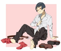 barefoot black_hair blush bowl_cut ebisugawa_kinkaku ikagakawa looking_at_viewer male male_only sitting solo sweatdrop uchouten_kazoku unbuttoned_shirt undressing