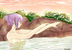 bathing benten_(uchouten_kazoku) female female_only hair_bun hot_spring medium_breasts nude onsen purple_hair solo uchouten_kazoku wet