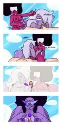 1boy 1girls 2girls afro amethyst_(steven_universe) ass_slap bisexual bisexual_(female) boobjob breasts cartoon_network comic double_paizuri fellatio fusion garnet_(steven_universe) gem_(species) gem_fusion giantess hair_grab interspecies mr._chase_comix multiple_girls naked nipples nude nude_female oral paizuri penis purple_skin shades steven_universe sugilite_(steven_universe) teamwork visor