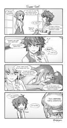 3girls 4koma camilla_(fire_emblem) comic embarrassed english_text fire_emblem fire_emblem_fates gebyy-terar greyscale hickey highres hinoka_(fire_emblem) implied_sex monochrome multiple_girls nintendo sakura_(fire_emblem) scarf short_hair siblings sisters speech_bubble sweat text upper_body yuri