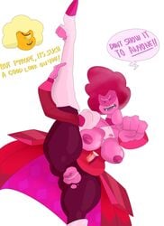 alien breasts cartoon_network english english_text exposed_pussy female female_only gem_(species) hessonite_(steven_universe) hole_in_pants nipples peeppepi pink_skin pointing pussy pyrope_(steven_universe) steven_universe steven_universe:_unleash_the_light text torn_clothes torn_clothing torn_legwear