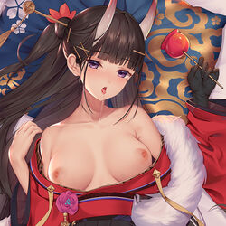 1girls asymmetrical_hair azur_lane bangs bare_shoulders black_gloves blunt_bangs blush breasts breasts_out brown_hair candy_apple collarbone commentary cropped dakimakura_(medium) drooling eyebrows_visible_through_hair female female_only food from_above fur_scarf gloves hair_bun hair_ornament hair_stick hairclip holding holding_food horns japanese_clothes kimono kimono_pull light-skinned_female light_skin long_hair looking_at_viewer lying medium_breasts nipples no_bra noshiro_(azur_lane) noshiro_(kantai_collection) noshiro_(uncharted_festival_grounds?)_(azur_lane) official_alternate_costume on_back oni_horns open_mouth purple_eyes qi_yuan_zhi_yu red_kimono sakura_empire_(azur_lane) saliva sample side_ponytail solo straight_hair tongue tongue_out upper_body wide_sleeves