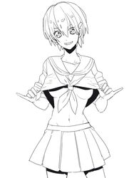 canon_genderswap chappa female female_only genderswap_(mtf) grin hairclip line_art looking_at_viewer monochrome no_bra official_alternate_costume rule_63 school_uniform serafuku shimogamo_yasaburo shirt_lift short_hair sketch smile solo teasing uchouten_kazoku underboob very_short_hair