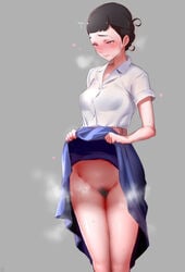 black_hair blush breath clothing crown_braid embarrassed female female_only heart-shaped_pupils iku_(ikuchan_kaoru) looking_down musk nanzenji_gyokuran nervous no_panties presenting pubic_hair skirt_lift smell solo steam sweat uchouten_kazoku