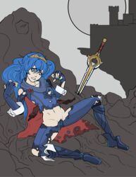 1girls bad_censor blue_eyes blue_hair censored clenched_teeth covering covering_crotch falchion_(fire_emblem) fire_emblem fire_emblem_awakening lucina_(fire_emblem) nintendo osmiummonster shocked spread_legs sword symbol-shaped_pupils torn_clothes weapon