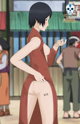 1girls background_characters barcode barcode_tattoo bare_ass bare_legs bare_shoulder black_hair boruto:_naruto_next_generations breasts butt_crack chilaquiles clothed clothed_female clothing detached_sleeves dress dress_lift exhibitionism female female_focus from_behind going_commando kurotsuchi leg_tattoo lifted_by_self light-skinned_female light_skin looking_at_viewer looking_back medium_breasts naruto naruto_(series) nipples no_bra no_panties no_underwear open_clothes outside pale-skinned_female pale_skin presenting presenting_ass presenting_self short_hair sideboob sleeveless smile solo solo_female solo_focus source_request street tattoo thigh_tattoo