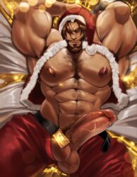 1boy arms_up balls bara big_breasts big_penis blizzard_entertainment christmas cole_cassidy cursedmarked male male_focus male_only muscles muscular muscular_arms muscular_male overwatch penis santa_costume santa_hat solo solo_male