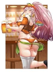 1girls alcohol alternate_costume ass back back_view bare_back beer blush braid drink embarrassed fire_emblem fire_emblem_awakening food hat indoors large_ass looking_back nintendo olivia_(fire_emblem) on_one_leg open_mouth orange_panties panties pink_eyes pink_hair ponytail solo toy_bits twins very_long_hair waitress walking