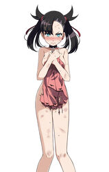 1girls aqua_eyes bangs bare_arms bare_legs bare_shoulders black_choker black_hair blush breasts bruise choker collarbone covering covering_body creatures_(company) cuts dress female female_only game_freak hair_ribbon injury looking_at_viewer marnie_(pokemon) medium_breasts nintendo no_bra no_panties no_pants pink_dress pokemon pokemon_(game) pokemon_ss red_ribbon ribbon see-through simple_background solo solo_female sweat tsukishiro_saika twintails white_background