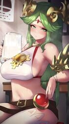 1girls alternate_breast_size bangs bare_shoulders beer belly belly_button belt big_breasts blurry_background blush breasts cum cum_eating cum_in_container cum_in_mouth cum_trail cumdrip curvaceous curvy curvy_figure eating_cum eyelashes female female_only gokkun green_eyes green_hair hair_ornament hi_res high_resolution highres hizake horny huge_breasts kashu_(hizake) kid_icarus large_breasts light-skinned_female light_skin long_hair navel nintendo off_shoulder palutena parted_bangs shiny shiny_hair shiny_skin sideboob sidelocks sitting solo solo_female stockings super_smash_bros. swallowing sweat sweatdrop wide_eyed wide_hips