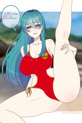 1girls alternate_costume bare_legs blue_eyes blue_hair blush cleavage collarbone covered_nipples cryptid_crab earrings eirika_(fire_emblem) english_text fire_emblem fire_emblem:_the_sacred_stones hair_between_eyes large_breasts light_blue_eyes light_blue_hair long_hair looking_at_viewer nintendo nipple_bulge one-piece_swimsuit red_one-piece_swimsuit red_swimsuit smile solo spread_legs stretching swimsuit text thick_thighs