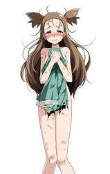 1girls areola_slip areolae bangs bare_arms bare_legs bare_shoulders blush breasts brown_eyes brown_hair bruise collarbone covering covering_body creatures_(company) crying crying_with_eyes_open cuts dress female female_only game_freak green_dress groin gym_leader injury jasmine_(pokemon) long_hair looking_at_viewer messy_hair nintendo pokemon pokemon_(game) pokemon_gsc pokemon_hgss see-through simple_background small_breasts sole_female solo solo_female sweat tears torn_clothes torn_dress tsukishiro_saika twintails white_background