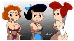 3girls areola_slip areolae ass betty_rubble big_breasts breasts cleavage crossover delta_shadow female hanna-barbera jane_jetson looking_at_viewer milf nipple_slip nipples tagme the_flintstones the_flintstones_and_wwe:_stone_age_smackdown! the_jetsons trio wilma_flintstone