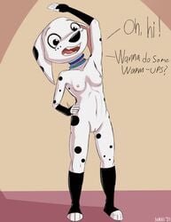 101_dalmatian_street 101_dalmatians breasts canine collar cub dalmatian disney female ionai_(artist) nipples pussy solo solo_female stretching tail teenager vagina warm_up