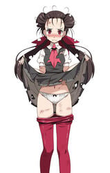 1girls bangs black_bow bow bow_panties bruise clothes_pull collar creatures_(company) crying crying_with_eyes_open cuts dress dress_lift female female_only from_behind frown game_freak gray_dress grey_dress gym_leader hair_ribbon injury looking_at_viewer messy_hair navel necktie nintendo panties pantyhose pantyhose_pull pink_neckwear pokemon pokemon_(game) pokemon_oras pokemon_rse red_eyes red_legwear red_ribbon ribbon roxanne_(pokemon) roxanne_(pokemon_oras) sad short_sleeves simple_background solo solo_female tears torn_clothes tsukishiro_saika twintails underwear white_background white_collar white_panties