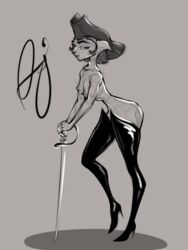 1girls alien anthro applesauce_jack beauty_mark big_hat captain_amelia curvaceous disney felid feline medium_breasts monochrome nipples partially_clothed sketch small_breasts sword thigh_boots treasure_planet