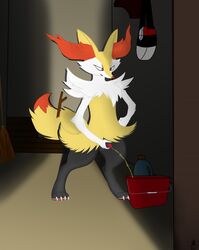 animal_genitalia anthro arms_bent bodily_fluids braixen bucket digital_media_(artwork) genital_fluids genitals hand_on_own_sheath hand_on_sheath hi_res holding_sheath lycadio male male_only nintendo peeing peeing_into_container penis pokémon_(species) pokemon pokemon_(species) shaded sheath solo standing urine urine_stream video_games