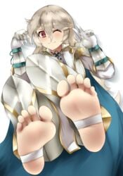 ;) alternate_costume alternate_version_available barefoot corrin_(fire_emblem) corrin_(fire_emblem)_(female) ethan_ppj_(artist) feet fire_emblem fire_emblem_fates foot_fetish foot_focus long_hair looking_at_viewer nintendo one_eye_closed pointy_ears red_eyes toeless_legwear v white_background wink