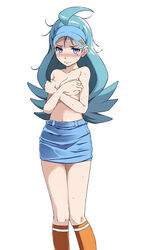 1girls antenna_hair aqua_hair bangs bare_arms bare_shoulders blue_eyes blue_headwear blue_skirt blush collarbone covering covering_breasts creatures_(company) elite_four female female_only game_freak hand_on_breasts kahili_(pokemon) long_hair looking_at_viewer mole mole_under_eye navel nintendo no_shirt orange_legwear pokemon pokemon_(game) pokemon_sm simple_background skirt solo solo_female sweat tsukishiro_saika visor_cap white_background