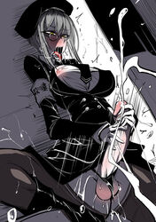 1futa arm_band balls big_breasts big_penis black_boots black_glasses black_panties blush blushing boots breasts clothed clothing cum cum_fountain cum_overload ejaculation erect_nipples erect_nipples_under_clothes erection erection_under_clothes erection_under_skirt eyebrows_visible_through_hair eyelashes eyelashes_visible_through_hair futa_only futanari glasses hat human intersex light-skinned_futa light-skinned_futanari light_skin long_sleeves masturbation mo_error_mo monochrome mostly_clothed necktie nipple_bulge nipples nipples_visible_through_clothing orgasm pale_skin penis pointy_nose round_glasses saliva saliva_drip saliva_string saliva_trail short_hair short_hair_with_long_locks simple_background solo stockings teeth tongue tongue_out yellow_eyes