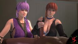 2girls 3d animated ayane_(doa) breasts dark-skinned_male dark_skin dead_or_alive dead_or_alive_5 female handjob interracial kasumi_(doa) large_breasts male multiple_girls no_sound orange_hair penis purple_hair sfmslayer sisters smug source_filmmaker tagme tecmo video