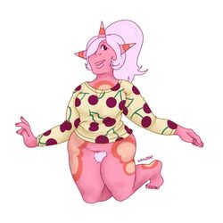 1girls alien alien_girl bottomless bottomless_female cartoon_network cherry_quartz dutifulriley female female_focus female_only gem_(species) hair hair_over_one_eye horns pink_skin pubic_hair sole_female solo solo_female steven_universe steven_universe_future sweater