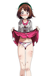 1girls blush bow bow_panties breasts brown_eyes brown_hair bruise cardigan collarbone commentary_request creatures_(company) dirty dirty_face female female_focus female_only game_freak gloria_(pokemon) green_headwear grey_cardigan hat injury legs lifted_by_self looking_at_viewer navel nintendo panties pink_bow pokemon pokemon_(game) pokemon_ss scared short_brown_hair short_hair simple_background solo solo_female solo_focus standing tam_o'_shanter tears torn_clothes torn_panties tsukishiro_saika underwear white_background white_panties