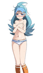 1girls antenna_hair bangs bare_arms bare_shoulders blue_eyes blue_hair blue_headwear blush bow bow_panties breasts cleavage collarbone covering covering_breasts creatures_(company) crossed_arms crying crying_with_eyes_open elite_four embarrassed female female_only frilled_panties frills game_freak hand_on_breasts kahili_(pokemon) long_hair looking_at_viewer medium_breasts messy_hair mole mole_under_eye navel nintendo no_pants no_shirt orange_legwear panties pokemon pokemon_(game) pokemon_sm simple_background sole_female solo solo_female solo_focus sweat tears torn_clothes torn_legwear tsukishiro_saika underwear underwear_only visor_cap white_background white_panties