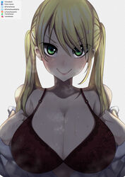 1girls big_breasts blonde_hair blush bra brat breast breast_focus breasts breasts_bigger_than_head cleavage cute female hoshizaki_rika huge_breasts kanojo_mo_kanojo light-skinned_female looking_at_viewer pov smell smile smug solo solo_female steam steamy steamy_breasts sweat tagme tomodachi_(tomofanart)