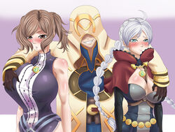 1boy 2girls bare_arms bare_thighs blue_eyes blush braid breast_grab brown_eyes brown_hair cleavage cynthia_(fire_emblem) double_breast_grab embarrassed fire_emblem fire_emblem_awakening fire_emblem_fates frown harem huge_breasts karuro-kun kiran_(fire_emblem) kiran_(fire_emblem)_(male) large_breasts long_hair nina_(fire_emblem) nintendo short_hair twin_braids twintails unamused white_hair