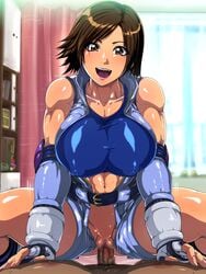 1boy 1girls abs bare_shoulders belt blue_sports_bra blush breasts brown_eyes brown_hair censored clothed_female_nude_male cowgirl_position dark-skinned_male day elbow_pads erect_nipples female fingerless_gloves gloves groin happy happy_sex highres huge_breasts jacket japanese_female jumpsuit kazama_asuka large_breasts legs long_eyelashes looking_at_viewer lying male_nipples mosaic_censoring muscular_female navel no_panties nude open_clothes open_jacket open_mouth orange_eyes partial_male penis pink_lipstick pink_nails pov pov_eye_contact puffy_areolae puffy_nipples pussy raburebo sex short_hair sitting sitting_on_person smile solo_focus sports_bra straddling tekken thick_thighs thighs toned unzipped vaginal_penetration waguchi_shouka window