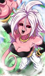 1girls 2010s android_21 black_sclera breasts bryan_lobdell clothed clothing dark_persona destruction dragon_ball dragon_ball_fighterz earrings female female_only giantess gold gold_(metal) gold_jewelry hoop_earrings humanoid imminent_vore long_ears long_hair macro majin majin_android_21 monster_girl pink_skin pointy_ears red_eyes shoes solo solo_female tail white_hair