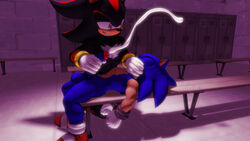 3d_(artwork) absurd_res arms_tied balls bodily_fluids bound covering covering_mouth cum cumshot digital_media_(artwork) duo ejaculation erection genital_fluids genitals handjob hi_res locker_room male male/male penile penis restrained sega sex shadow_the_hedgehog sonic_(series) sonic_the_hedgehog sonicthebitch source_filmmaker