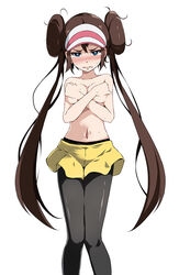 1girls bangs bare_arms bare_shoulders blue_eyes blush brown_hair collarbone covering covering_breasts creatures_(company) crying crying_with_eyes_open double_bun embarrassed embarrassed_nude_female enf female female_only game_freak hands_over_breasts knees_together_feet_apart legwear_under_shorts looking_at_viewer messy_hair navel nintendo no_shirt pantyhose pokemon pokemon_(game) pokemon_bw2 rosa_(pokemon) shorts sidelocks simple_background solo solo_female sweatdrop tears tsukishiro_saika twintails visor_cap white_background yellow_shorts