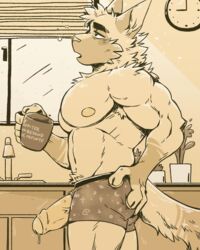 1boy 2020 anthro areolae arm_behind_back arm_support armpit_hair armpit_peek ass bara big_biceps big_muscles boxers briefs clock cup english_text erection feline feline_humanoid fit_male foreskin half-closed_eyes half-dressed half-erect half_clothed half_dressed half_naked hand_on_ass hand_on_butt hand_on_own_ass holding holding_cup holding_object humanoid humanoid_genitalia humanoid_penis indoors javacat.io kitchen looking_up male male_focus male_only morning morning_wood motion_lines muscles muscular muscular_male open_mouth original_character pecs penis penis_out penis_under_clothes plants precum precum_drip precum_string sink solo solo_focus solo_male thick_eyebrows uncircumcised uncut underwear vein veiny_penis window window_blinds