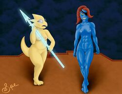 >:d 2021 2d 2girls 3_toes 4_fingers 5_fingers 5_toes abs absurd_res alphys animal_humanoid anthro anthro_only areola belly biceps big_breasts biped blue_areola blue_body blue_eyes blue_hair blue_nipples blue_scales blue_skin breasts buckteeth chubby_female claws completely_nude completely_nude_female crotch_lines d: deltoids digital_drawing_(artwork) digital_media_(artwork) duo eye_patch eyewear feet female female_only finger_claws fingernails fingers fish fish_girl fish_humanoid frill_(anatomy) front_view frown genitals glasses hair head_crest head_fin head_frill hi_res holding_object holding_spear holding_weapon humanoid humanoid_feet humanoid_hands lizard lizard_girl lizard_humanoid looking_at_object looking_at_viewer looking_away marine marine_humanoid medium_breasts melee_weapon muscular muscular_female nails navel nipples non-mammal_breasts non-mammal_navel nude nude_female open_frown open_mouth pink_areola pink_nipples plantigrade polearm pose pupils pussy quads red_eyebrows red_hair reptile reptile_humanoid scales scalie scalie_humanoid shaded shadow sharp_teeth signature slightly_chubby slit_pupils smile smiling_at_viewer spe spear spear_of_justice standing teeth thick_tail thick_thighs toe_claws toenails toes toothy_grin triceps undertale undertale_(series) undyne v-cut video_games weapon yellow_body yellow_scales yellow_sclera yellow_skin yellow_teeth